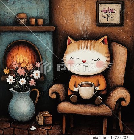 Relaxing cat enjoys warm beverage by the cozy fireplace on a calm day 122222022