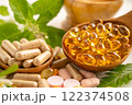 Alternative medicine herbal organic capsule, mineral, drug with herbs leaf natural supplements for healthy good life. 122374508