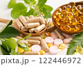 Alternative medicine herbal organic capsule, mineral, drug with herbs leaf natural supplements for healthy good life. 122446972