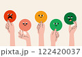 Various hands holding circle emoticon like angry, sad, neutral, joy and happy. Human arms and Gestures. Customer satisfaction scale, Feedback concept. Modern vector isolated illustration, flat design. 122420037