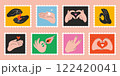 Bright Set of cute hand-drawn post stamps with Hands gestures. Gesturing human arms making Heart shape, showing peace sign, hold star, fire and match. Trendy modern vector illustarations, flat design 122420041