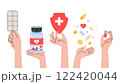 Various hands holding Medicines, blister and jar with tablets, capsules and vitamins. Human arms and Gestures. Treatment and health care.  Modern vector isolated illustration, hand drawn, flat design 122420044