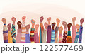 Illustration with group of diverse women raising fists. Diversity - inclusion - equality - girl power or empowerment concept. International women s day. Banner copy space 122577469