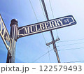 Mulberry St Sign with Urban Utility Lines Against Clear Sky Low Angle 122579493