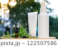 Insect repellent mosquito insecticide to kill flies bugs and mosquitoes outdoor skincare cream and spray white bottle mock up. Dermatological plant-based skin-friendly care. Sustainable skin health 122507586