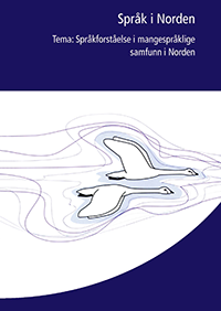 Forside til tidsskriftet Språk i Norden. Titlen står med hvide bogstaver på en mørkeblå baggrund, og midt på forsiden ses to svaner.