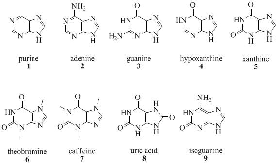 1 = purin, 2 = adenin, 3 = gvanin, 4 = hipoksantin, 5 = ksantin, 6 = teogromin, 7 = kofein, 8 = mokraćna kiselina, 9 = izogvanin