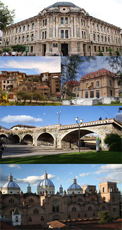 Top:Historical heritage building of Azuay Provincial Court of Justice, Second:A view of historical residencial area nearby Tonebamba River, Benigno Molo Museum (left to right) Third:Roto Ancient Bridge, Bottom:Cuenca Inmaculada Concepcion Cathedral