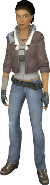 A young Afro-Asian woman with brown hair and light brown eyes. She is clad in a grey crop top, brown leather jacket, blue jeans, fingerless gloves and a small cubic necklace. The right shoulder of the jacket is held together with duct tape.