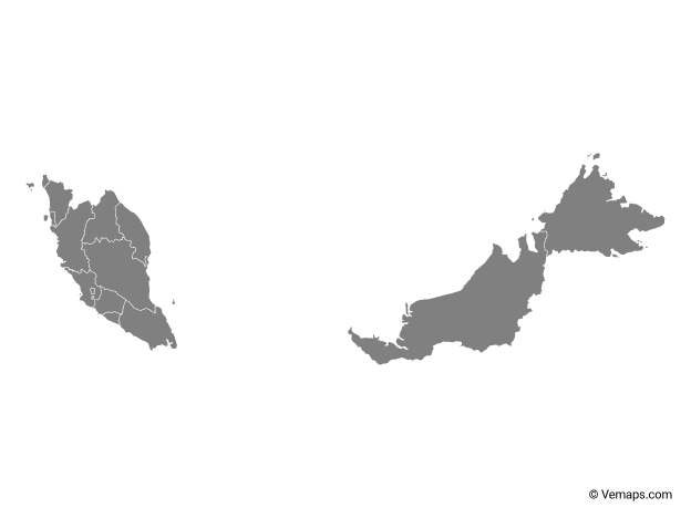 Grey Map of Malaysia with States and Federal Territories