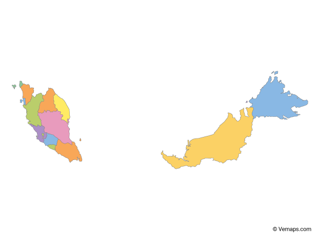 Multicolor Map of Malaysia with States and Federal Territories