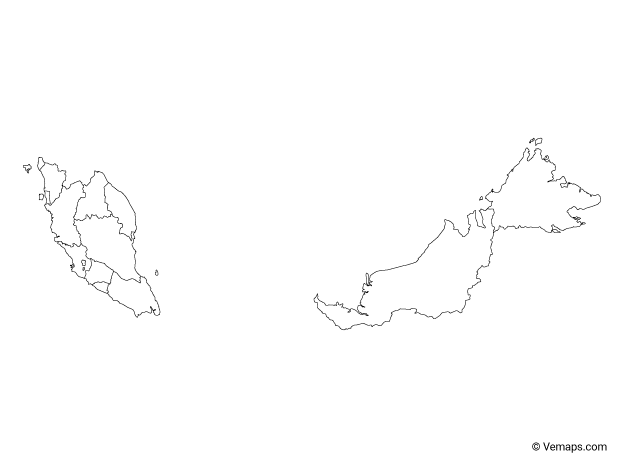 Outline Map of Malaysia with States and federal territories