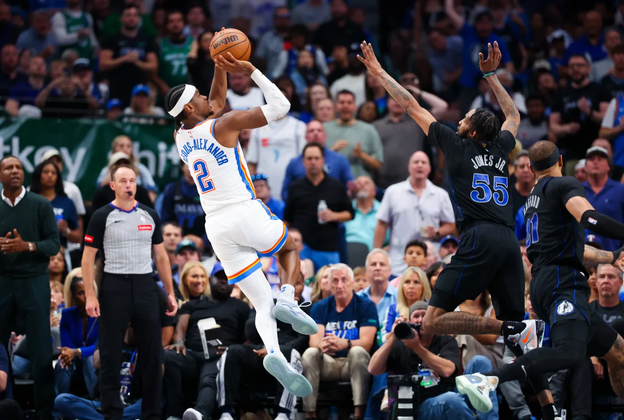 Oklahoma City Thunder guard Shai Gilgeous-Alexander (2) shoots over Dallas Mavericks forward Derrick Jones Jr. (55) during the second half in game six of the second round of the 2024 NBA playoffs at American Airlines Center.