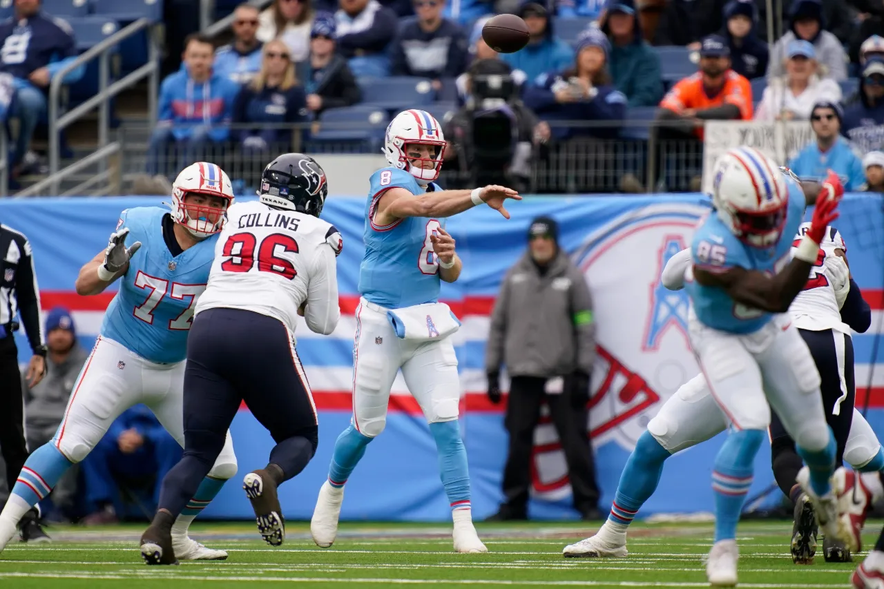 Tennessee Titans quarterback Will Levis (8) throws the ball against the Houston Texans during the first quarter at Nissan Stadium in Nashville, Tenn., Sunday, Dec. 17, 2023.