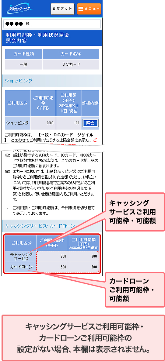 キャッシングサービスご利用可能枠・可能額 カードローンご利用可能枠・可能額 キャッシングサービスご利用可能枠・カードローンご利用可能枠の設定がない場合、本欄は表示されません。