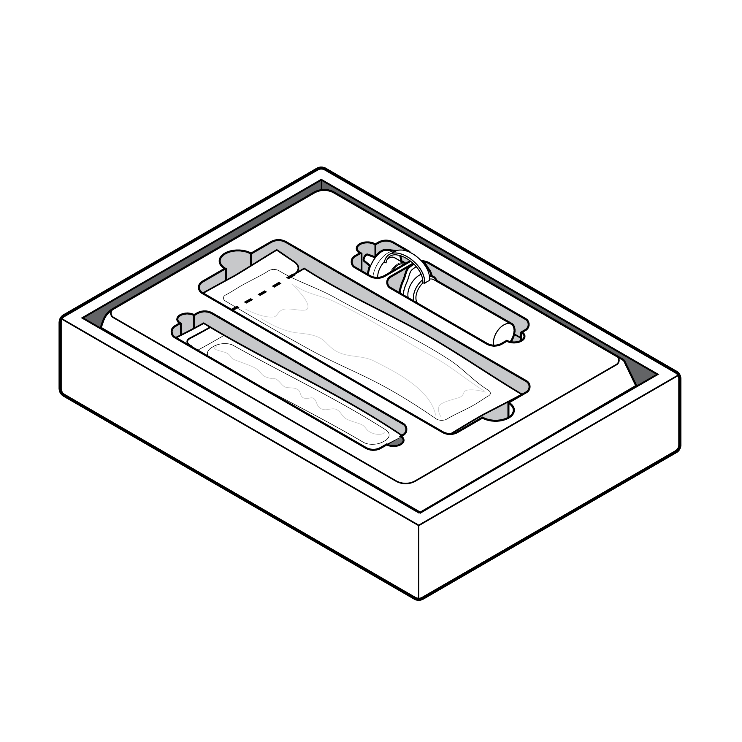 Open test kit box with kit contents inside the box. Each component is lying flat within a fixed tray inside the box.