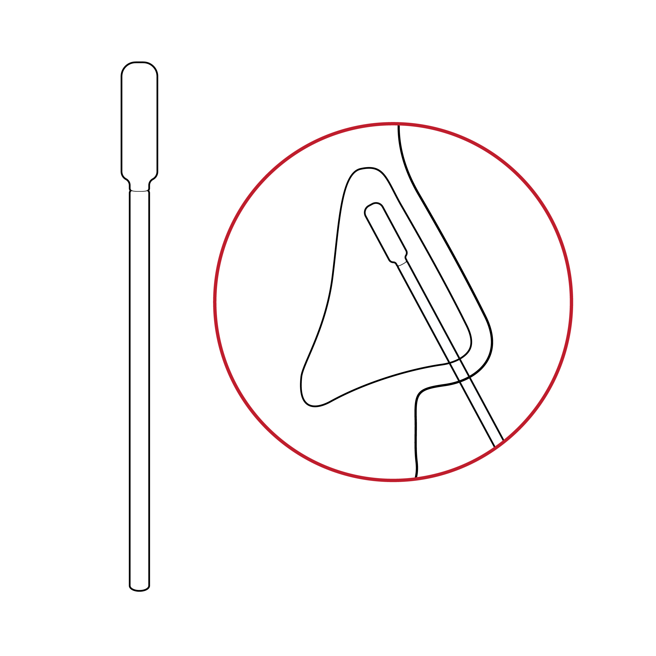 Swab with soft tip and narrow shaft. A side view of a nose with the swab inserted all the way into the nasal passage is circled in red, indicating the swab was inserted to an incorrect depth.