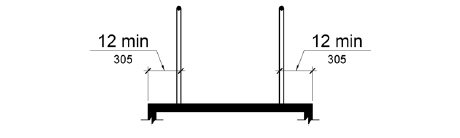 The cross section of a ramp with handrails is shown where the ramp surface extends 12 inches (305 mm) minimum to the outside of the handrails.