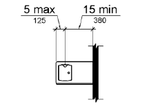 In plan view, the spout is shown to be 15 inches (380 mm) minimum from the vertical support and 5 inches (125 mm) from the front edge of the unit.