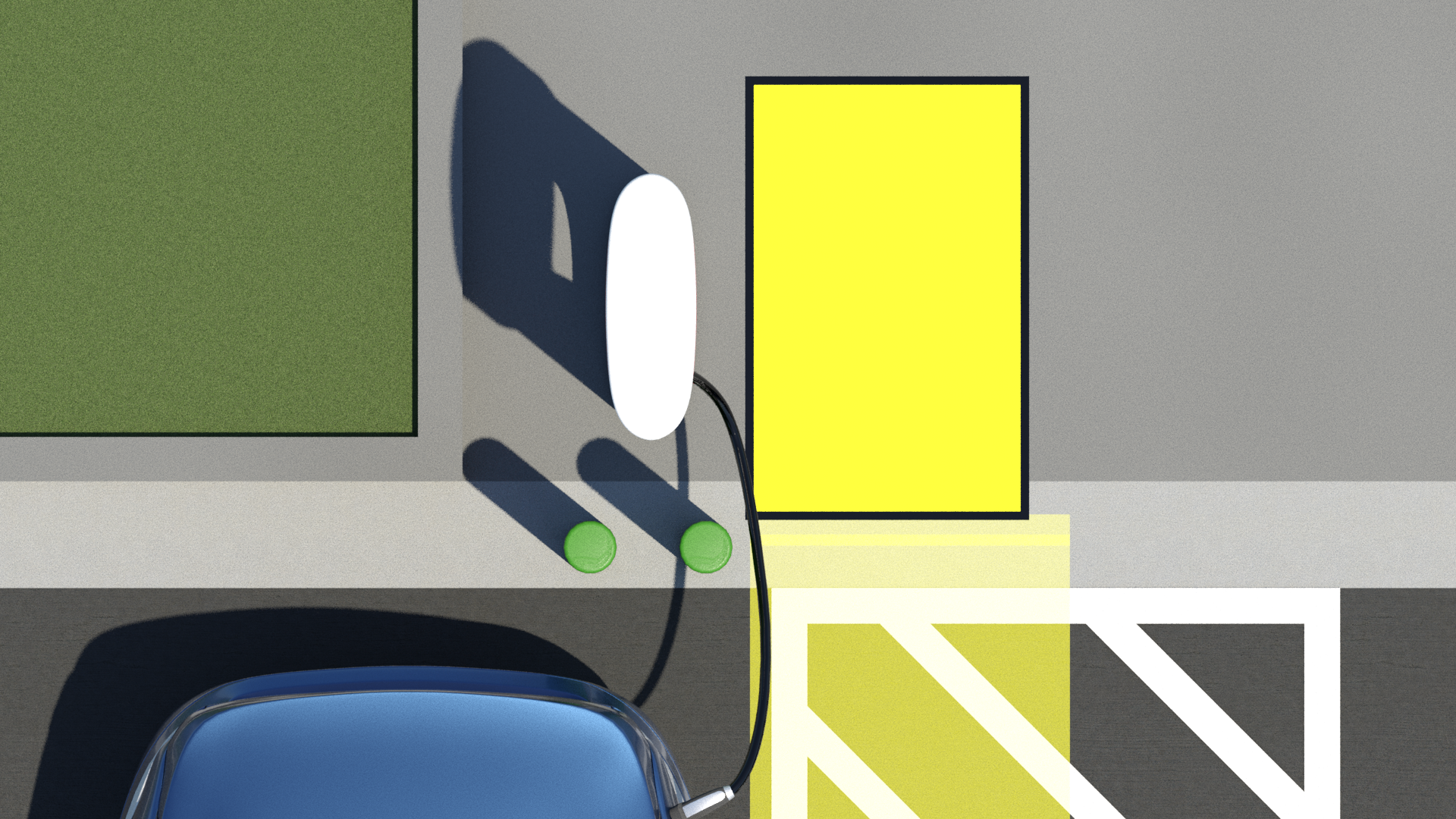 DCFC with yellow rectangle denoting clear floor space. 2 green bollards protect the side of the EV charger which has been rotated so clear floor space aligns with access aisle. Short charging cable is plugged into driver side rear vehicle charging inlet