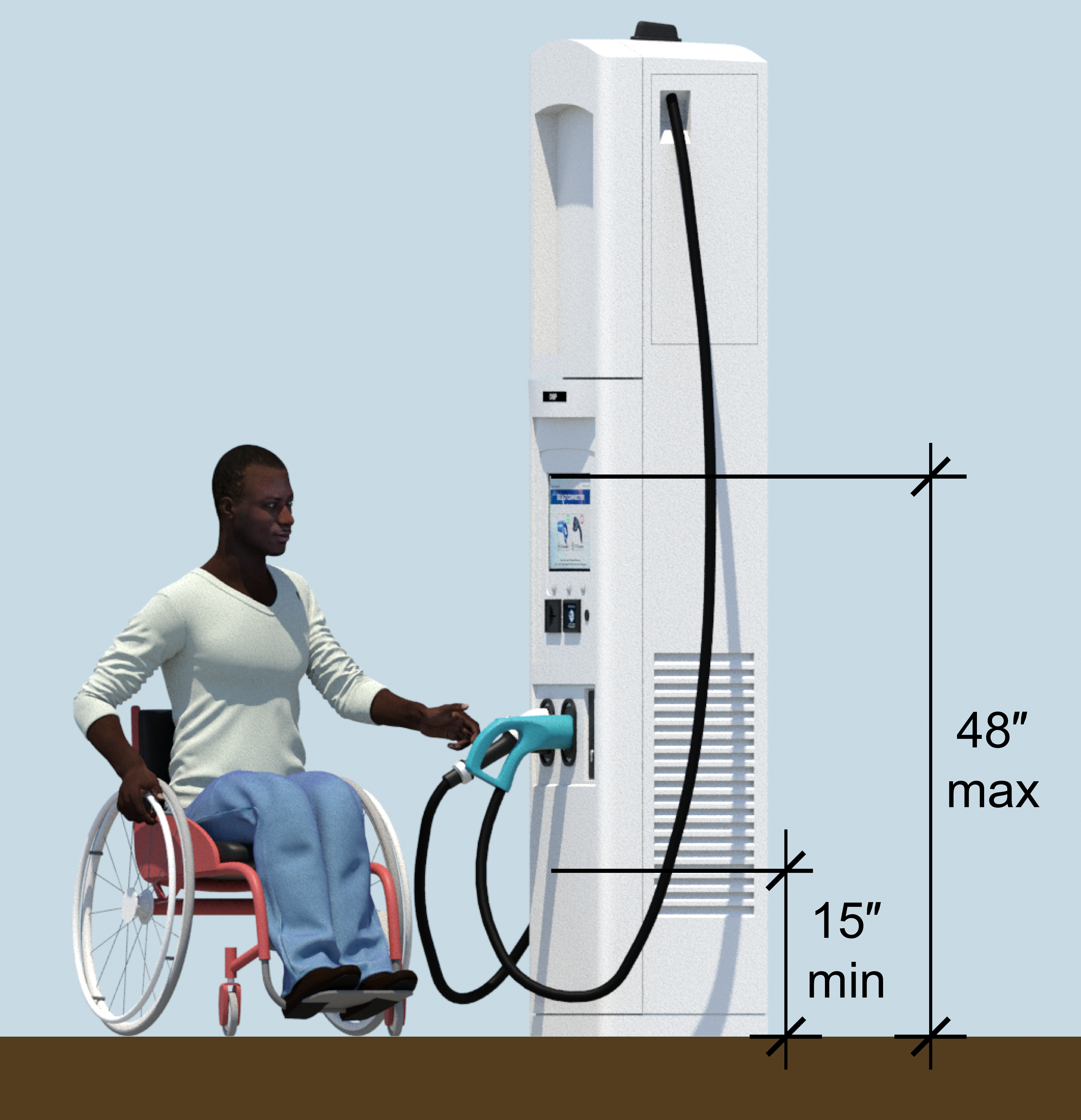 Side reach 15 inches minimum to 48 inches maximum shown in elevation