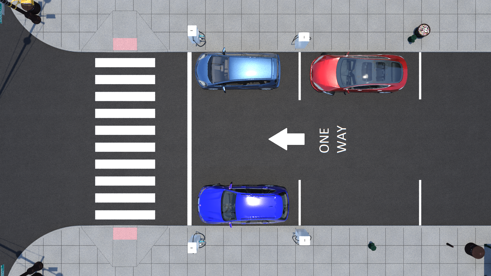 One-way street with EV chargers on both left and right sidewalks.