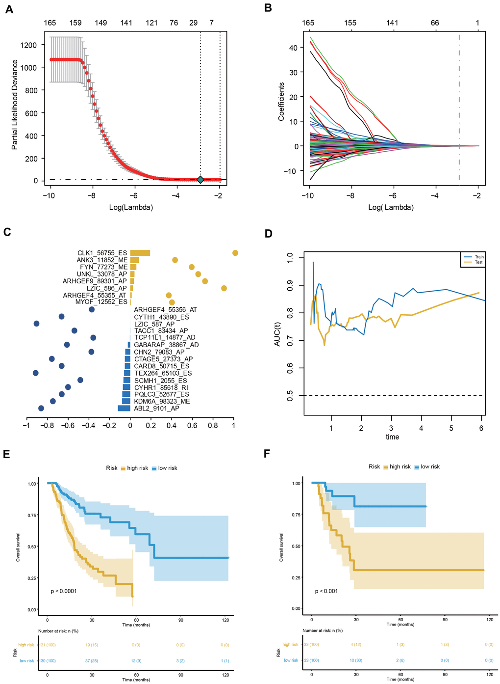 Construction and evaluation of the 23-AS event prognostic signature for GC patients. (A, B) LASSO regression analysis of OS- GCAS events. (C) The 23 OS-GCAS events included in the signature. Corresponding coefficients from multivariate Cox regression using LASSO and log10(HRs) are depicted by horizontal bars and dots, respectively. (D) Time-dependent ROC curves for the 23-AS event signature in the training and validation datasets. (E, F) Kaplan-Meier curves with difference detection by log-rank test for patients from the training and validation datasets.