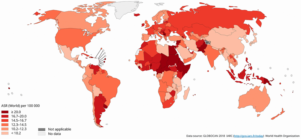 Global estimated mortality of breast cancer in 2018, females, all ages.