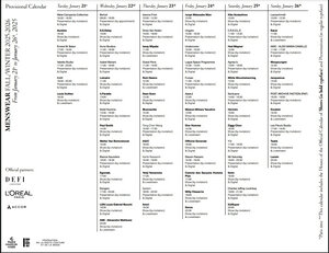 21日開幕の2025年秋冬コレクションのパリ・メンズファッションウィーク公式カレンダー。太字は公式ランウェースケジュールで、通常の書体は公式プレゼンテーションスケジュールで新作を発表するブランドだ=PFWの公式HPより