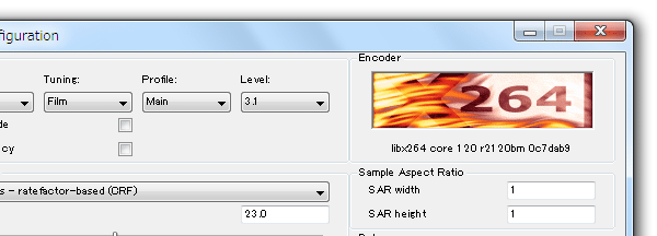 「Sample Aspect Ratio」欄で、映像のサンプルアスペクト比を「SAR Width」（幅）「SAR Height」（高さ）ごとに設定する