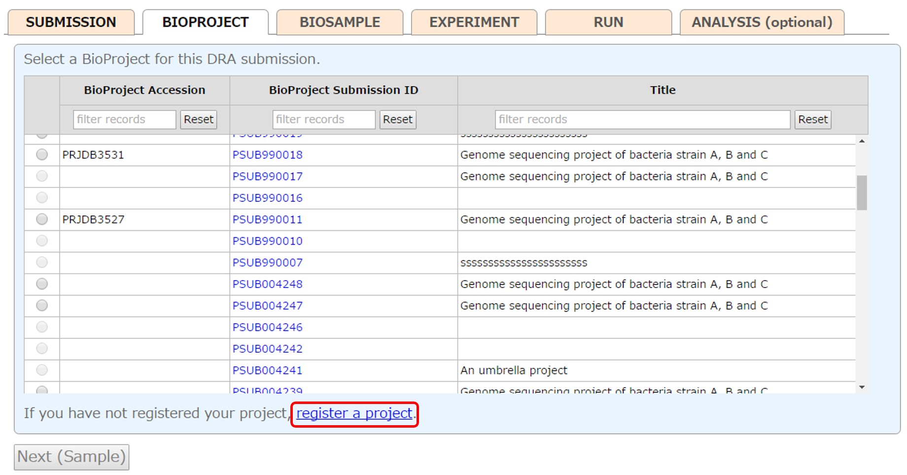 Select a registered project or submit a new one