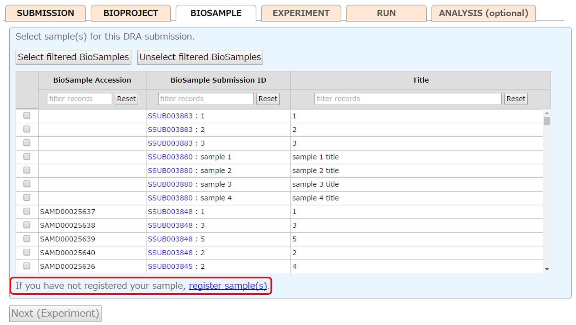 Select registered samples or submit new ones