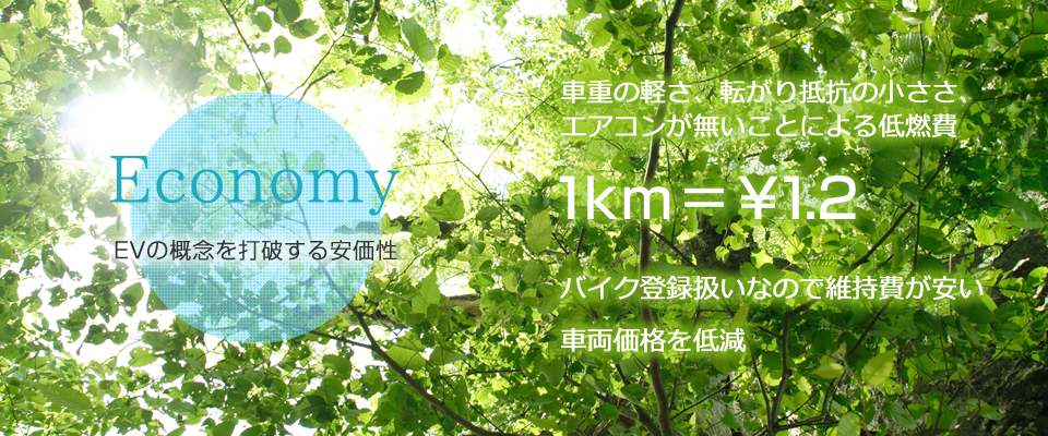 Economy 社中の軽さ、転がり抵抗の小ささ、エアコンが無いことによる低燃費　1km=\1.2 バイク登録扱いなので維持費が安い