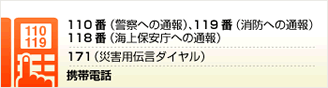 110番（警察への通報）、119番（消防への通報）118番（海上保安庁への通報）171（災害用伝言ダイヤル）携帯電話