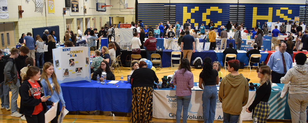 Students walk in the KCHS gym during a career fair