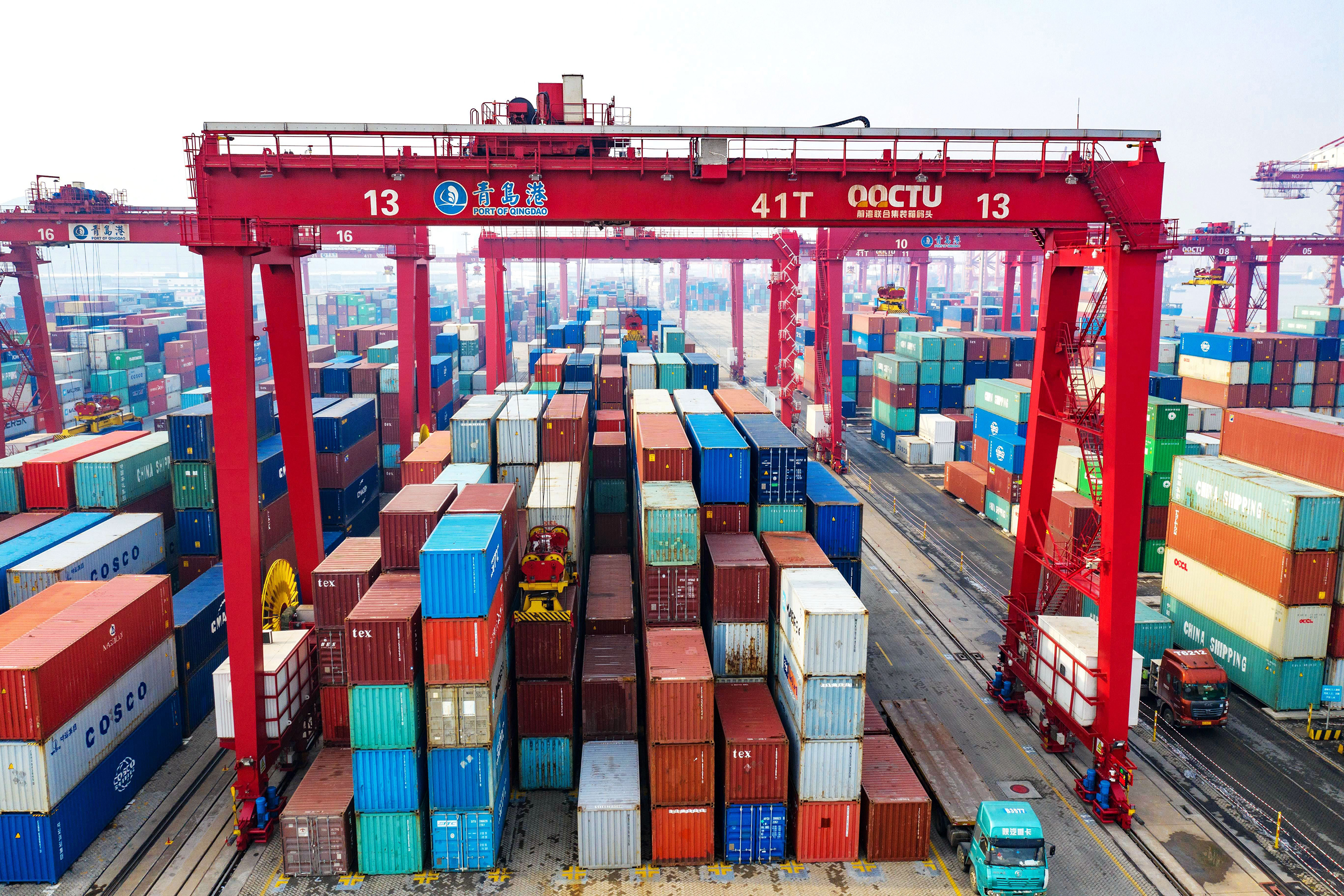 View of a container terminal at the Port of Qingdao in Qingdao City