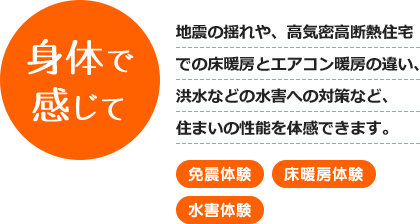 身体で感じて - 地震の揺れや、高性能住宅での床暖房とエアコン暖房の違い、洪水などの水害への対策など、住まいの性能を体感できます。 [免震体験] [床暖房体験]