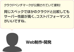 クラウドベンチマークが公開されていて便利!同じスペックでほかのクラウドと比較してもサーバー性能が高く、コストパ フォーマンスがいいですね。 Web制作・開発