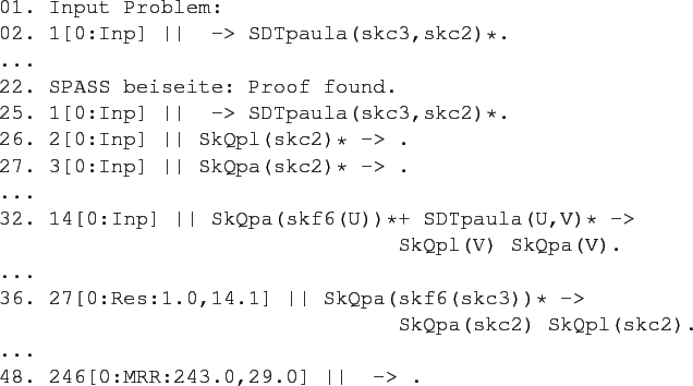 \begin{figure}\begin{verbatim}01. Input Problem:
02. 1[0:Inp] \vert\vert -> SD...
...kc2).
...
48. 246[0:MRR:243.0,29.0] \vert\vert -> .\end{verbatim}
\end{figure}