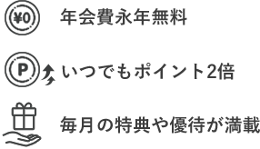 年会費永年無料 いつでもポイント2倍 毎月の特典や優待が満載