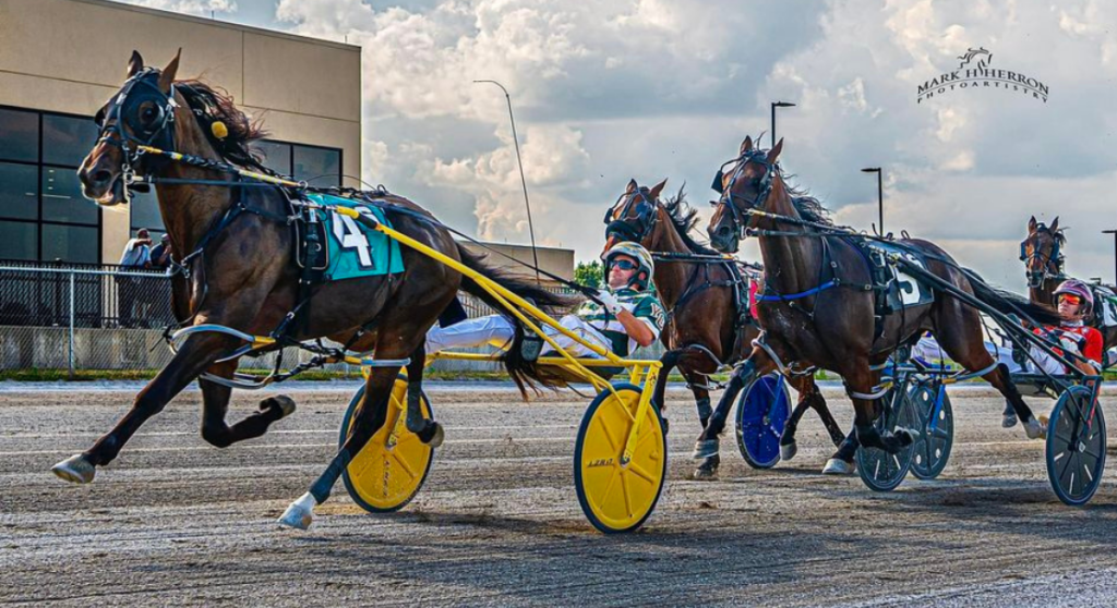 Horses racing with horseman on back, horses have yellow and grey wheels