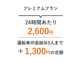 プレミアムプラン 24時間あたり2,600円 運転者を3人追加しても+1,300円の定額