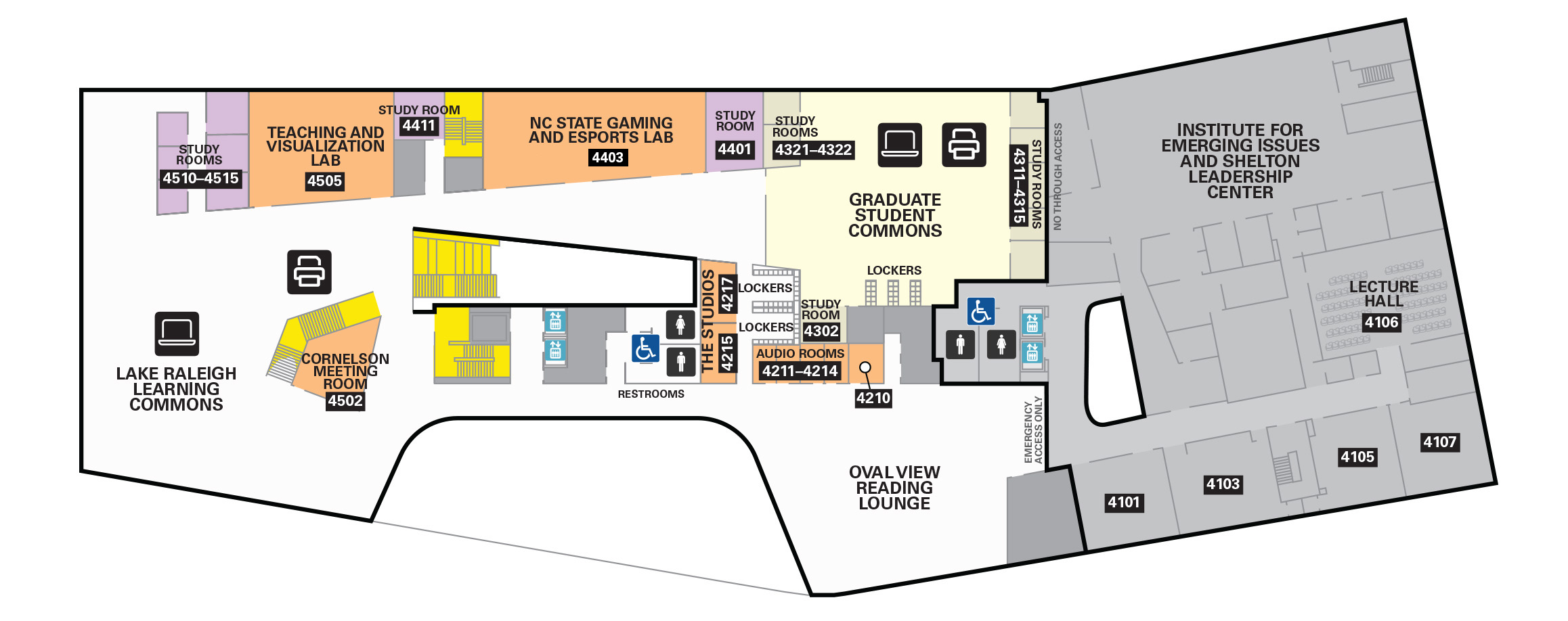 Graduate student commons, study rooms, Gaming and Esports Lab, Teaching and Visualization Lab, and Learning Commons with computer workstations