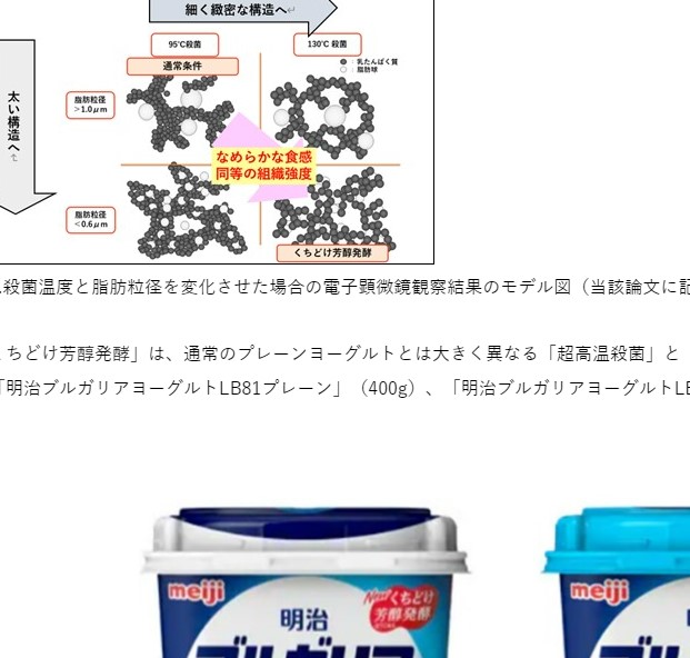 「くちどけ芳醇発酵」で進化した食感・おいしさのメカニズムを解明～ヨーグルトのたんぱく質が、超高温殺菌により細く緻密な構造になることでなめらかな食感を生み、微細化された脂肪球が組織を補強し濃厚感を生むことを発見～