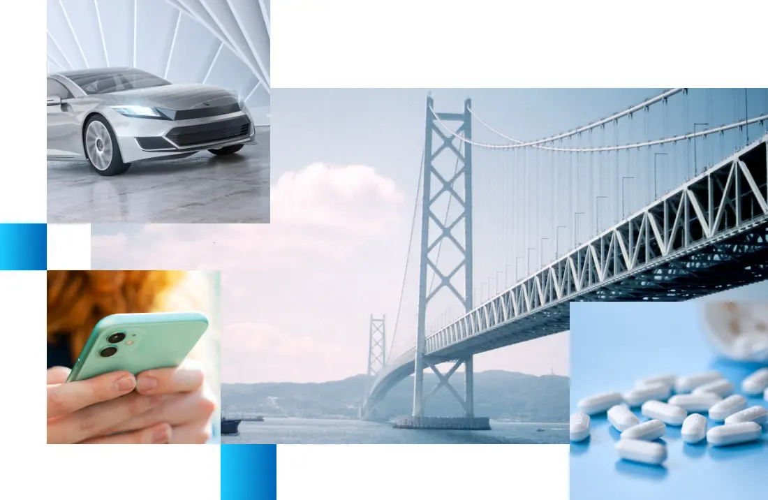 The image of a car, a bridge, a smartphone, and medicines