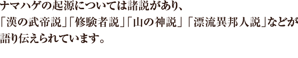 ナマハゲの起源については諸説があり、 「漢の武帝説」「修験者説」「山の神説」 「漂流異邦人説」などが語り伝えられています。