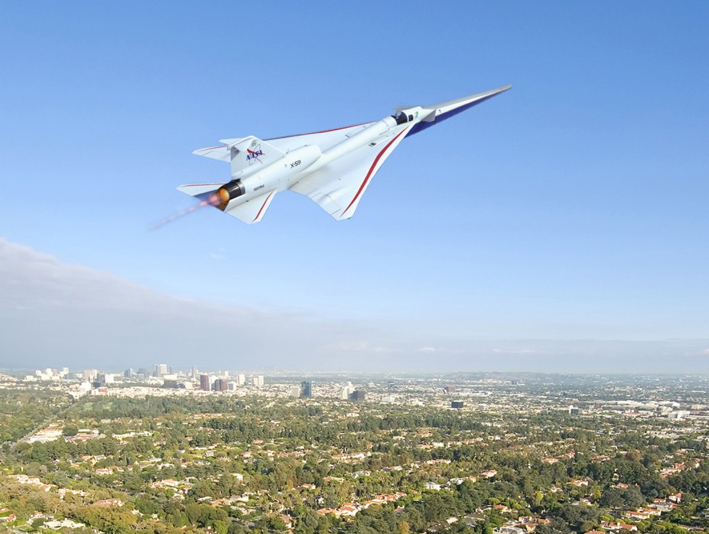 Artist illustration of the X-59 in flight over a surbuban neighborhood.