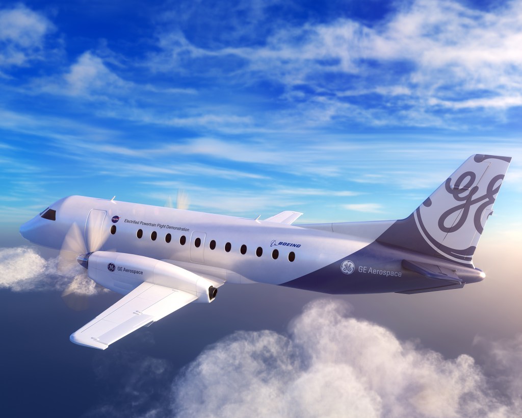 Artist illustration of a GE aircraft in flight.