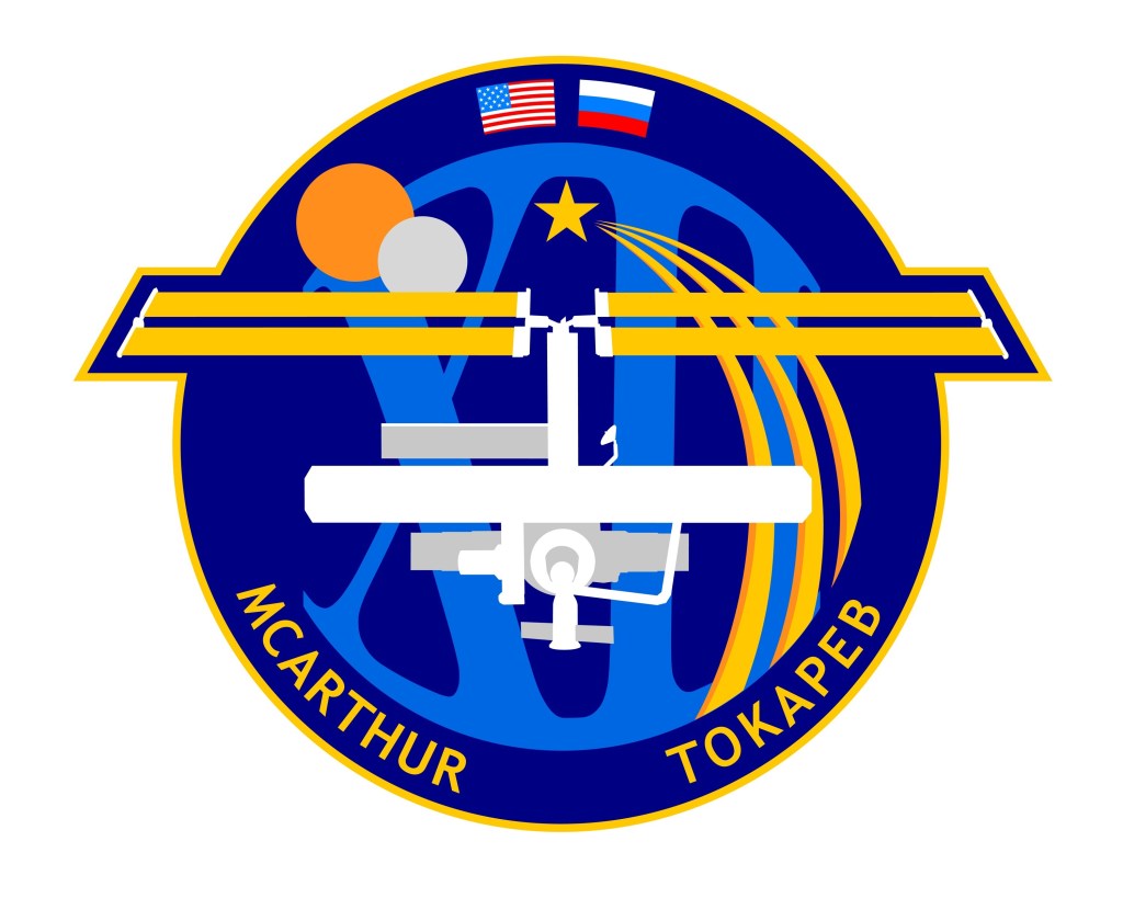 Mission badge for Expedition 12. A round image with the two crew members names around the edge. There is a Roman Numeral 13 in the middle with a drawing of the ISS. 