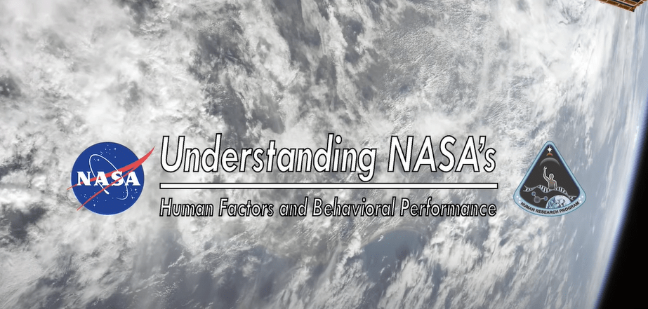 Earth is shown in the background. The NASA logo is to the left of the image, the HRP logo to the right. In the center, text reads, "understanding NASA's Human Factors and Behavioral Performance."